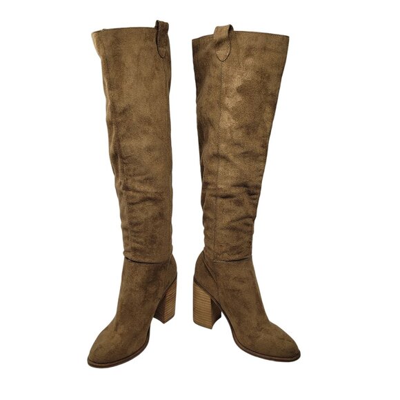 Oasis Society Vegan Faux Suede Knee-High Boots Sz 6.5 Tan Tall Heeled Riding - Picture 12 of 12